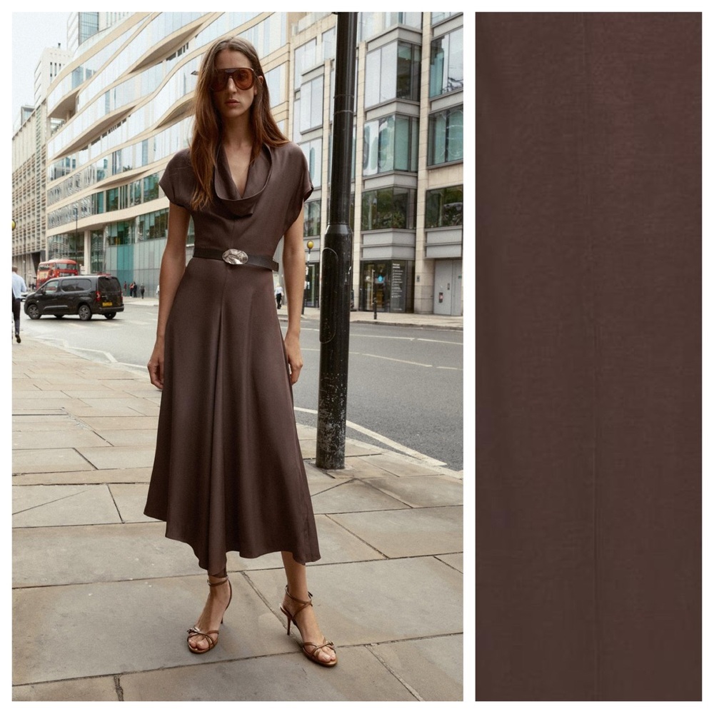 NWT. Zara Brown Satin Effect Belted Midi Dress with Draped Neckline. Size M.